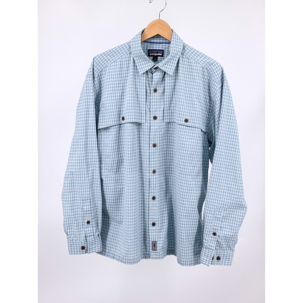 Patagonia STY52181 Shirt Men L Blue Gingham Organic Cotton Long Sleeve Plaid